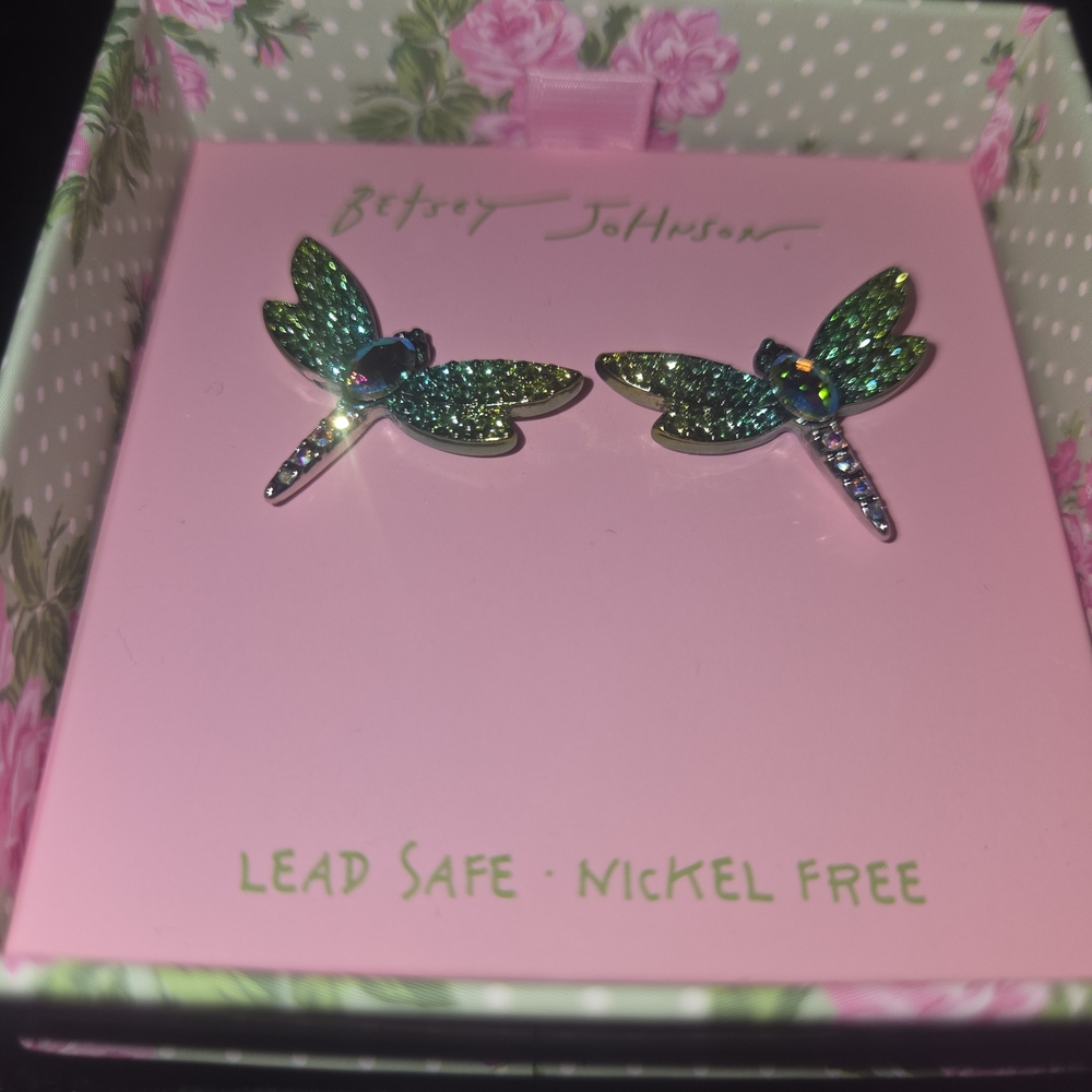 Betsey Johnson Iridescent Dragonfly Stud Earrings - Green/Blue Sparkle - Picture 3 of 4